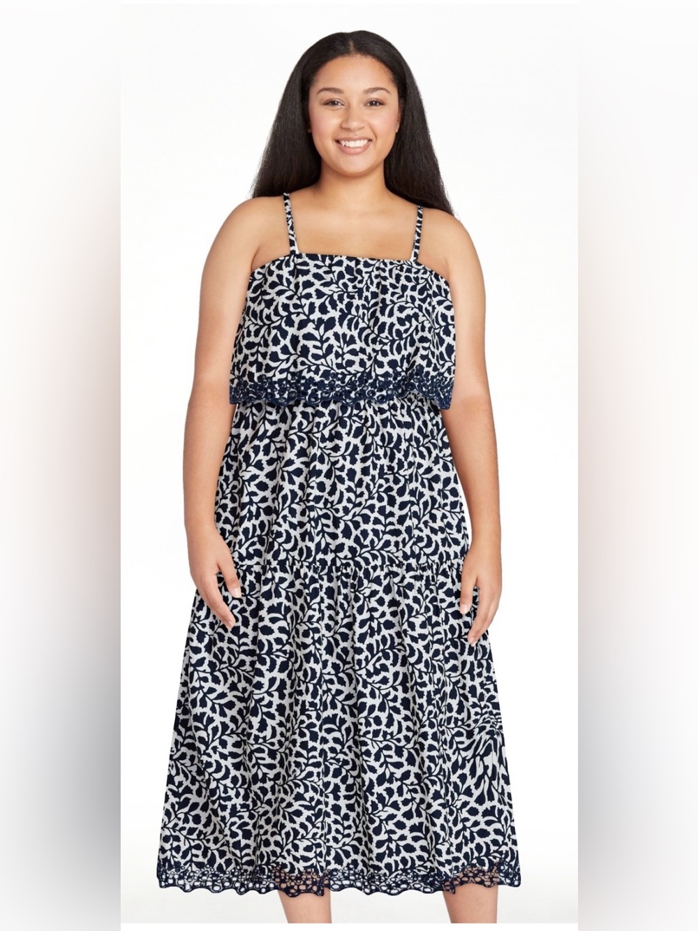 Time and Tru Navy and White Printed Midi eyelet dress